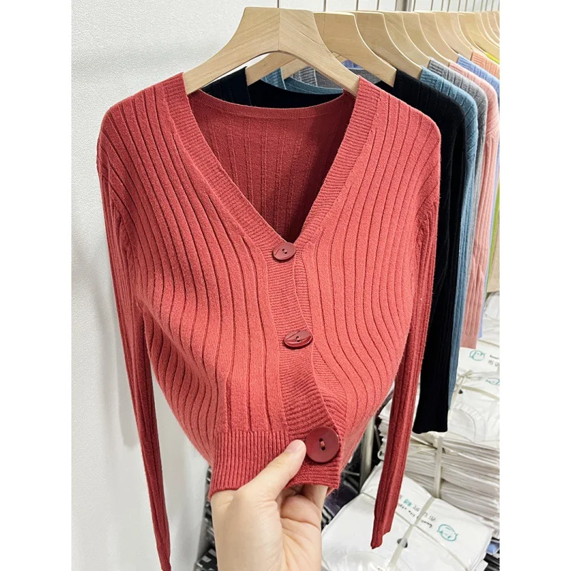 Uveng Uveng Knitted V-Necked Cardigan Trend New Thin Shirt Sweater Coat Short Top Female