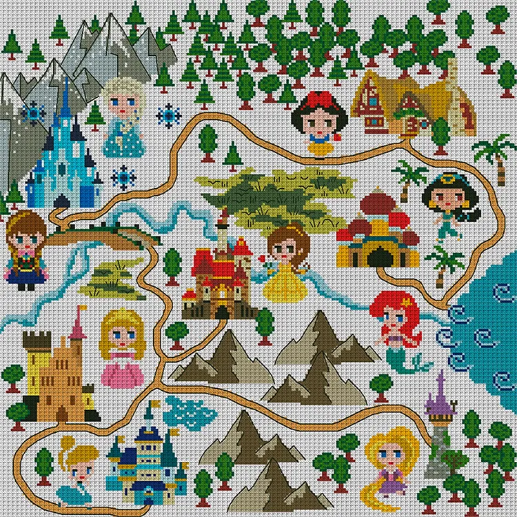 Disney Princesses On Map - Printed Cross Stitch 11CT 50*50CM