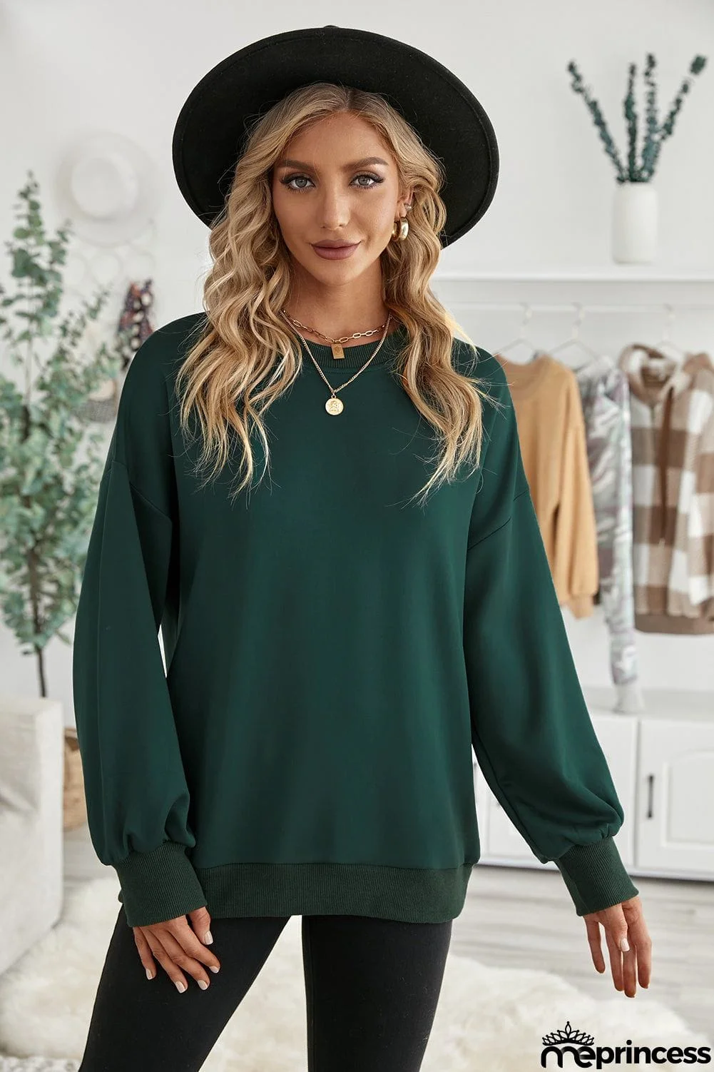 Plain Drop-shoulder Pullover Sweatshirt /Black/Green