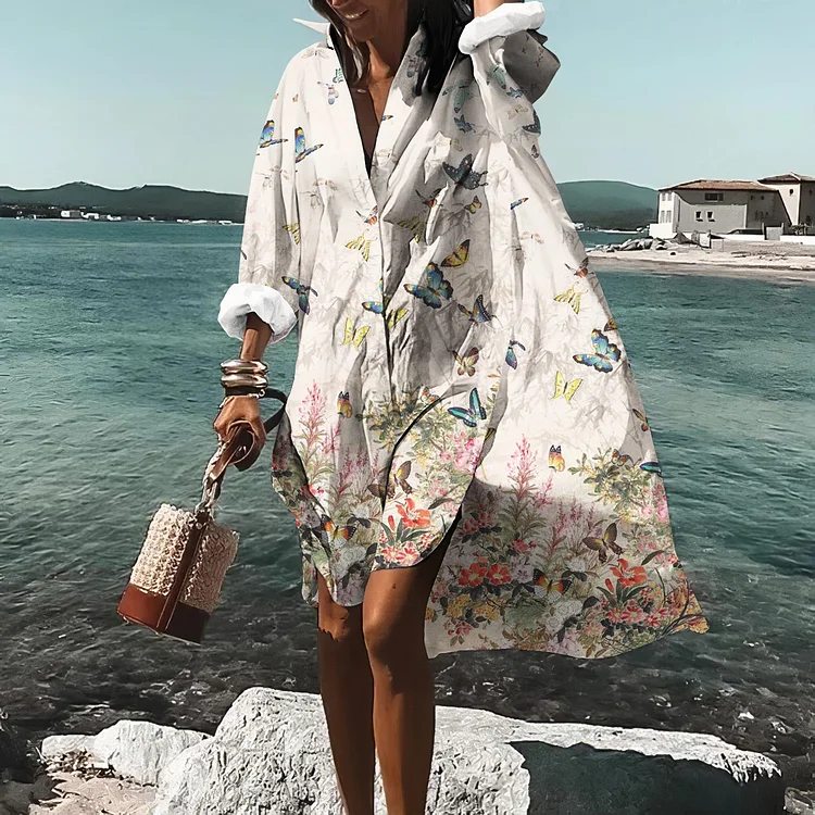 Butterfly Print Long Sleeve Shirt Midi Dress