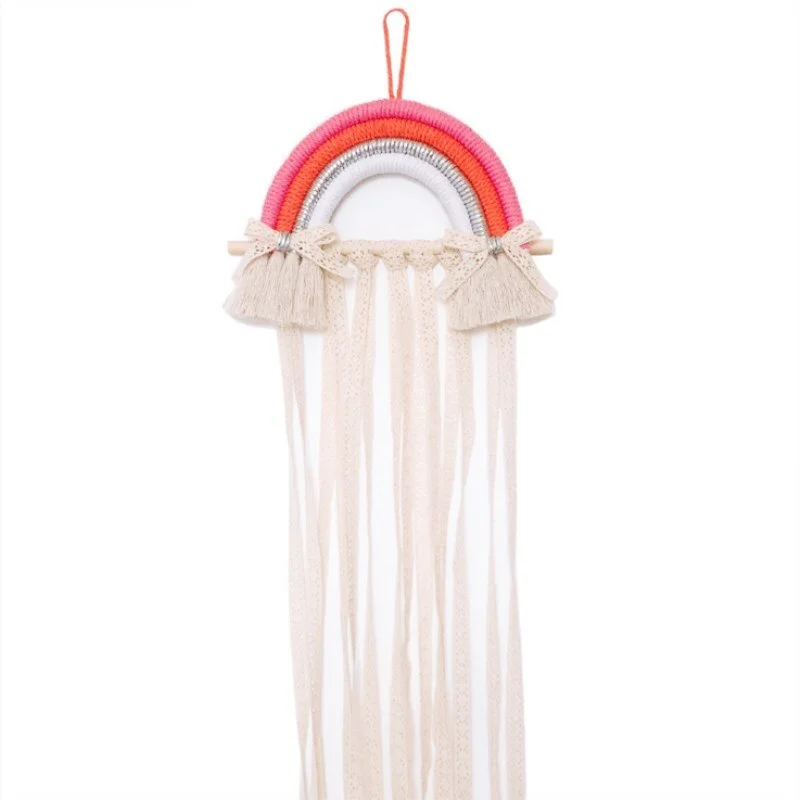 INS Nordic Rainbow Tassel Wall Hanging Ornaments Hair Bows Storage Belt Girls Room Decoration Hair Clips Hanger Organizer Strip