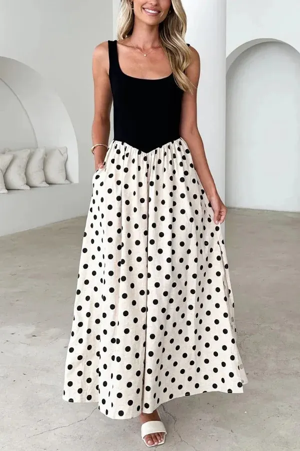 Black and White Color-blocked Polka Dot Print Sleeveless Casual Pocket Maxi Dress