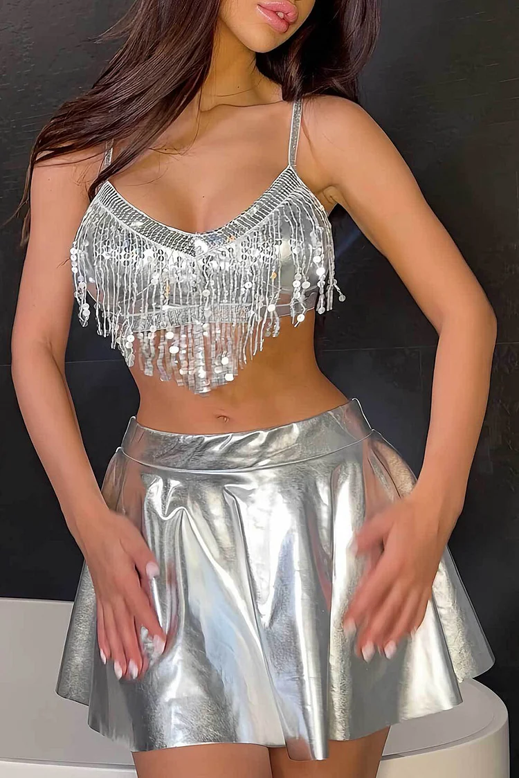 Sequin Fringed Crop Cami Metallic Finish A-Line Mini Skirt Matching Set-Silver