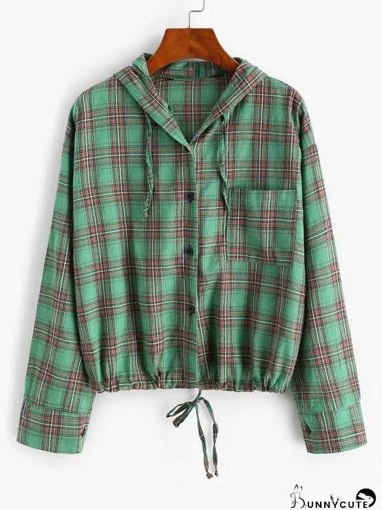 Plaid Hooded Drawstring Chest Pocket Jacket for Women