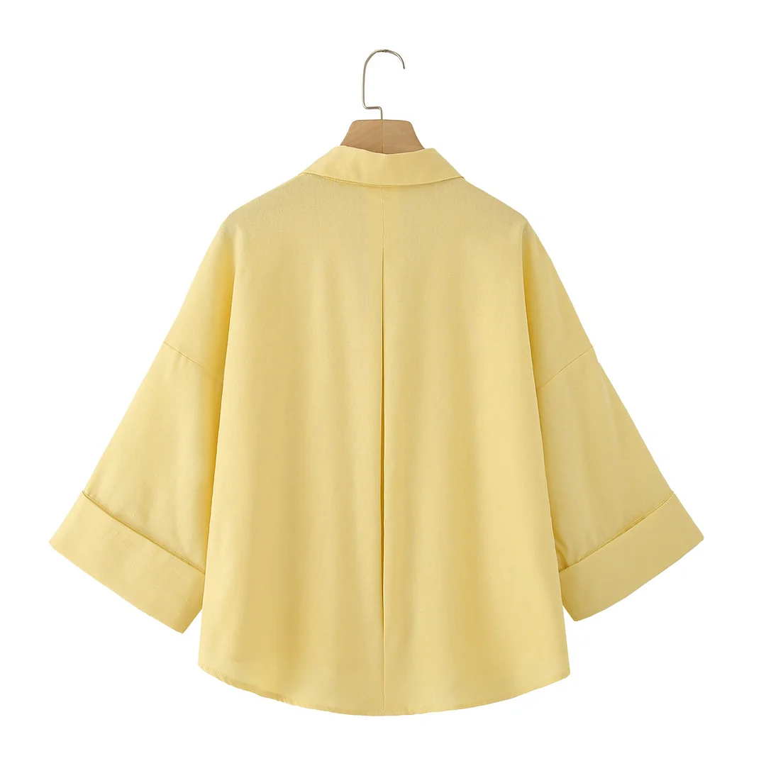 Nigikala Nigikala Women's Explosive Fashion Casual Linen-Blend Wide-Sleeved V-Neck Temperament Shirt