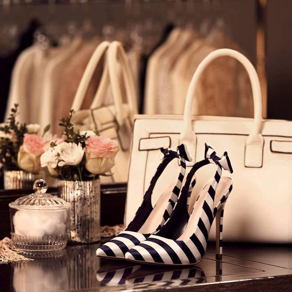 Navy and White Stripes Bow Heels Pointed Toe Slingback Pumps Nicepairs