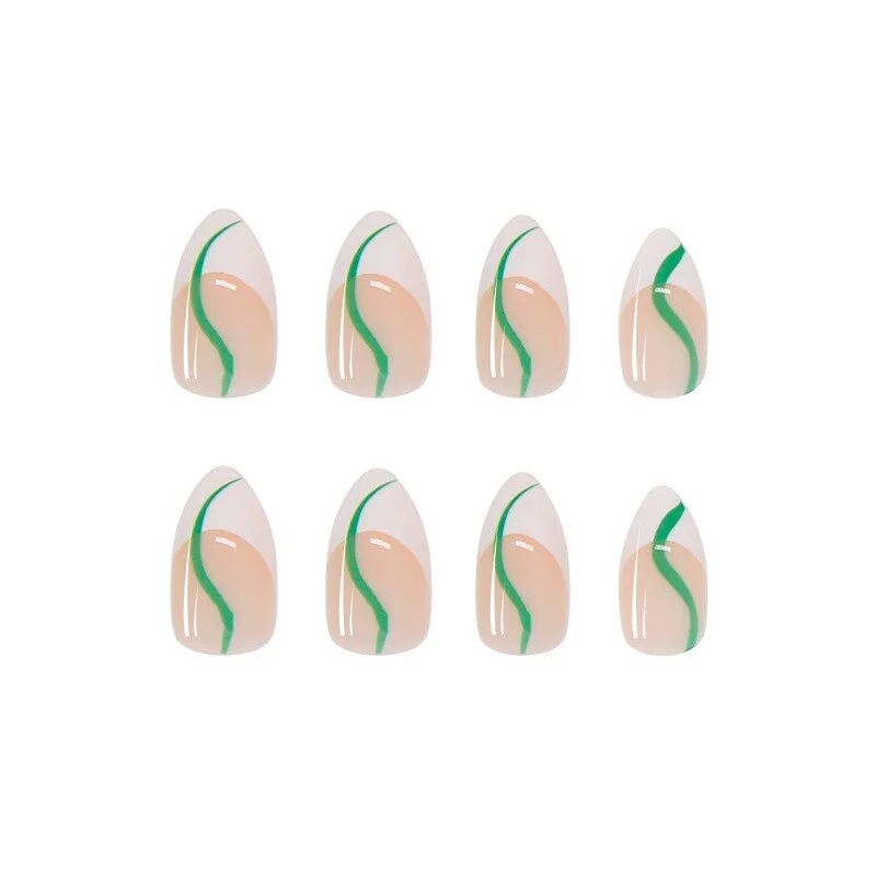 24PCS Green Lines Printed Fake Nails Press On Nails Wearable Women Girl Nail Art Tool False Nail Patch  Point Head False Nails-Nail Inspo