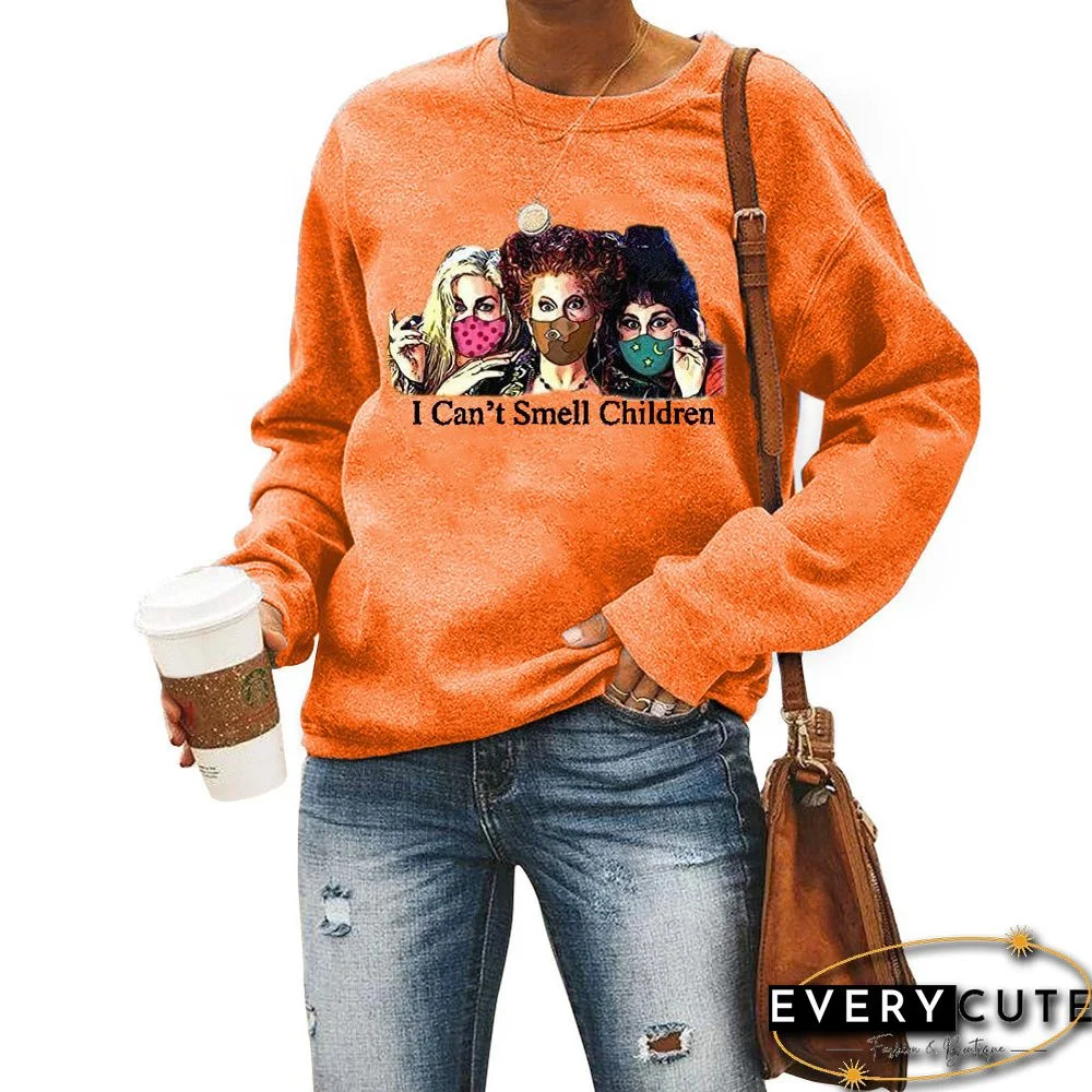 Orange Cotton Blend Witch Print Long Sleeve Sweatshirt