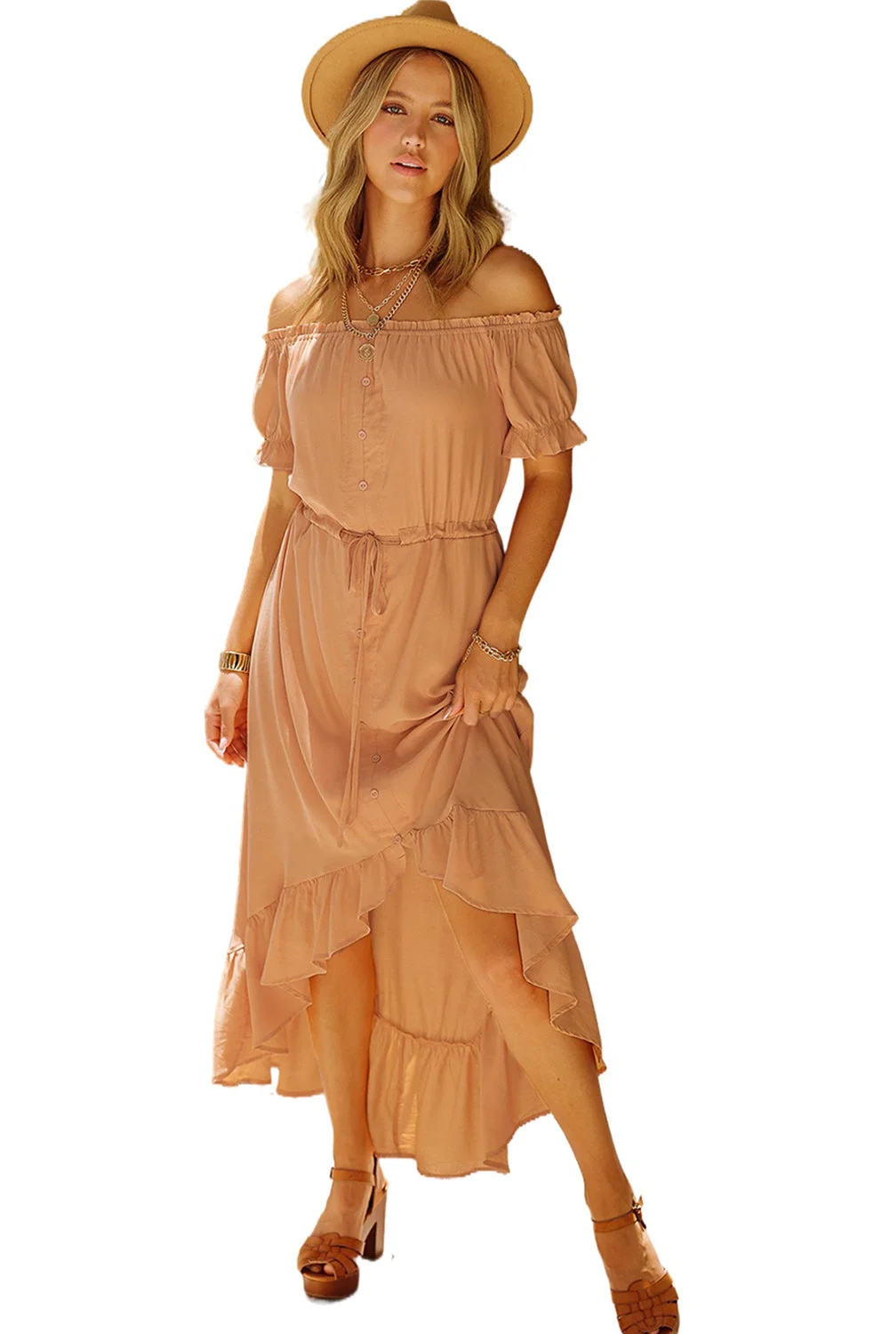Women Apricot Glaze High Low Off The Shoulder Maxi Dress