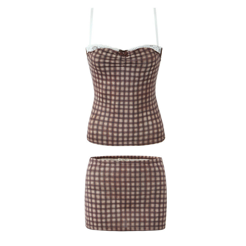 Aiertu black sweater dress outfit Hot Girl Suit Women's Autumn Vintage Plaid Lace Stitching Small Camisole + Low Waist Sheath Skirt aiertu