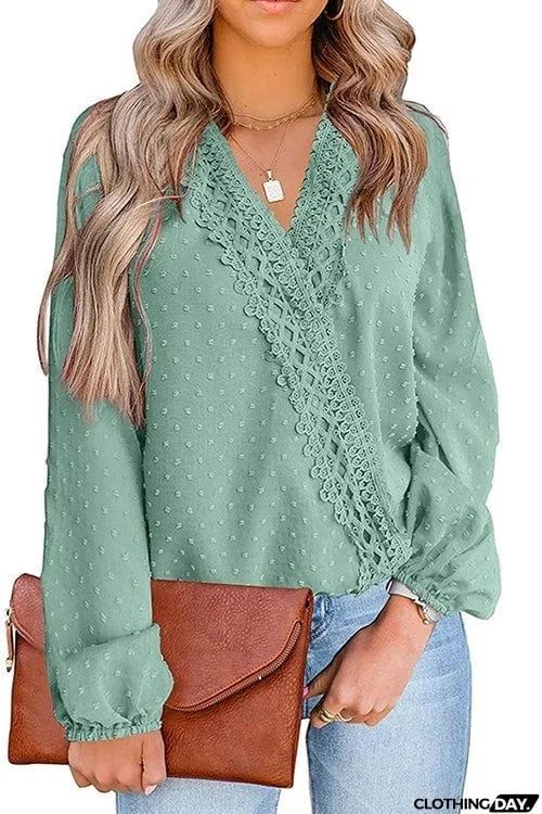 Dot Lace Trim Wrap Long Puff Sleeve Blouse