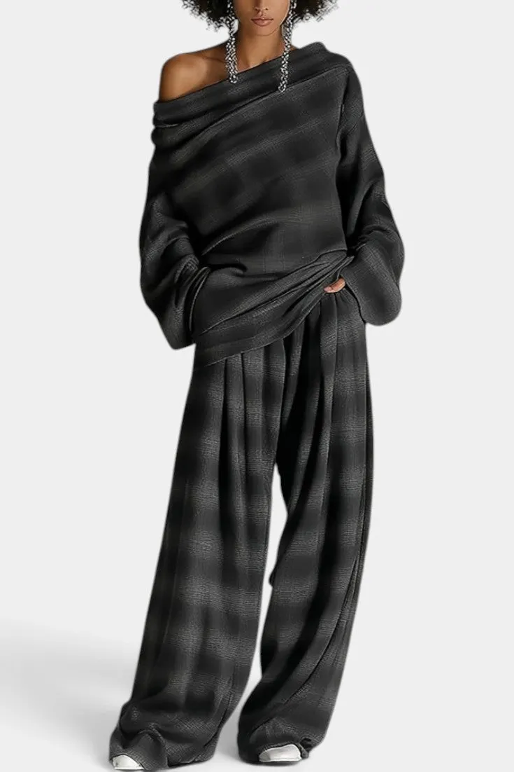 Asymmetrical Off-Shoulder Top with Wide-Leg Trousers Set