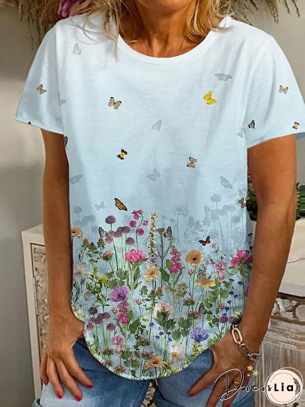 Butterfly Cotton-Blend Crew Neck Short Sleeve T-shirt