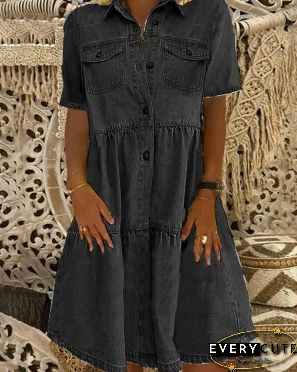 Sky Blue Denim Daily Casual Shirt Collar Short Sleeve Buttoned Pockets A-line Dresses