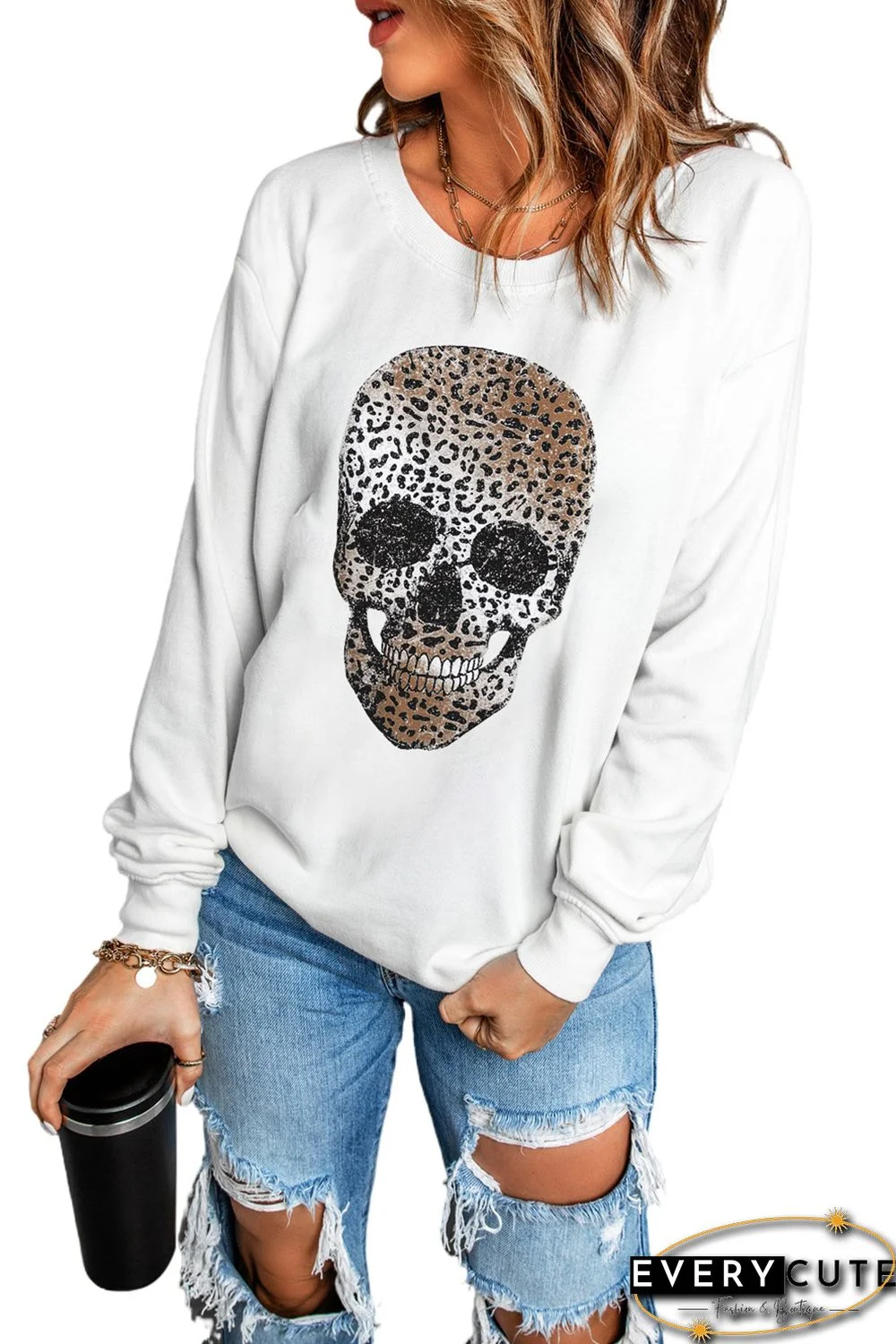 White Leopard Skull Print Crew Neck Graphic Sweatshirt