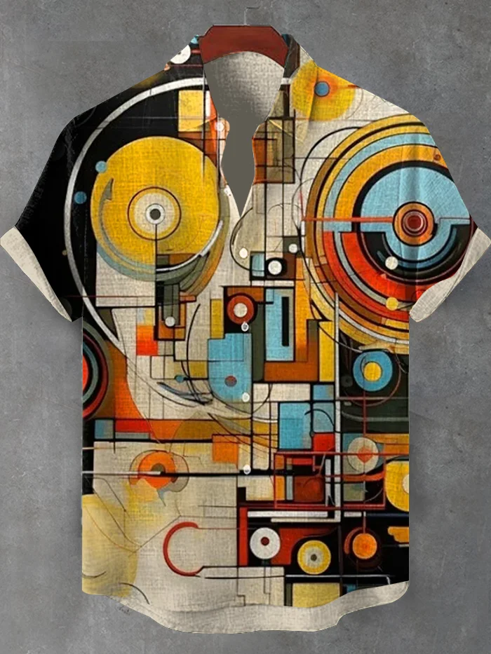 Men's Abstract Geometry Record Music Art Print Casual Shirt