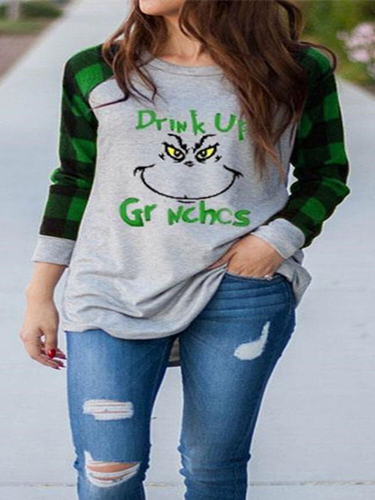 Christmas Letters Print Plaid Patchwork O neck Long Sleeve T shirt P1763540