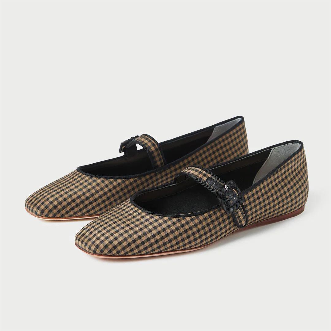Brown & Black Plaid Square Toe Flat Mary Jane Shoes with Straps Nicepairs