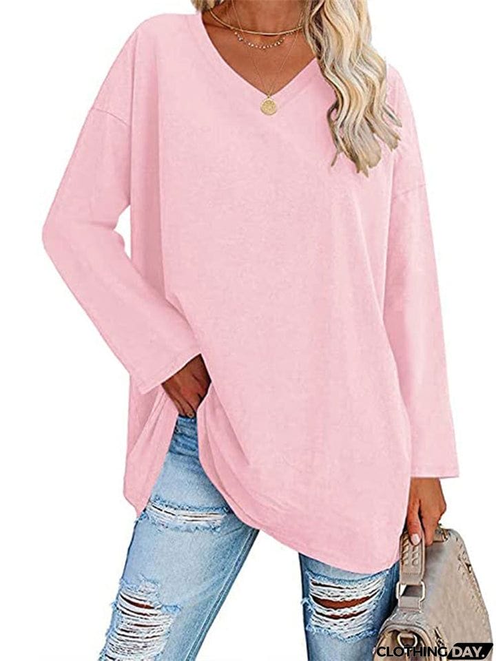 Women's V Neck Long Sleeve Cozy Loose Cotton Tops