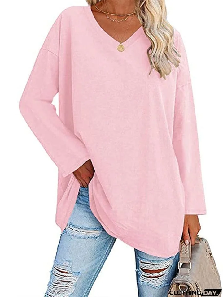 Women's V Neck Long Sleeve Cozy Loose Cotton Tops