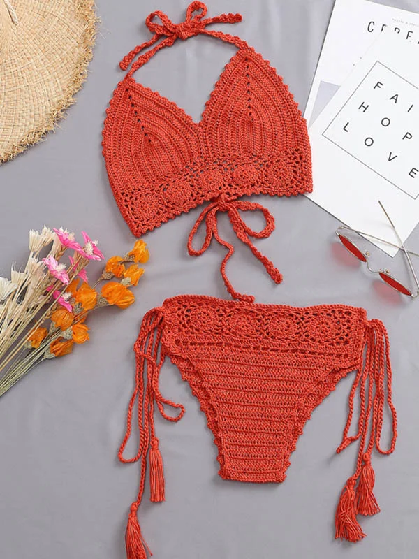 Sexy Crochet Solid Color Tasseled Triangle Bikini Swimwear 