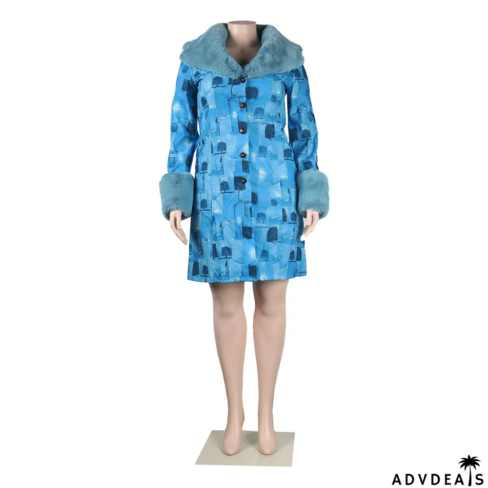 Plus Size Sexy Casual Printed Coat With Detachable Fur Collar