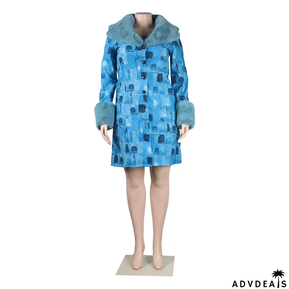 Plus Size Sexy Casual Printed Coat With Detachable Fur Collar