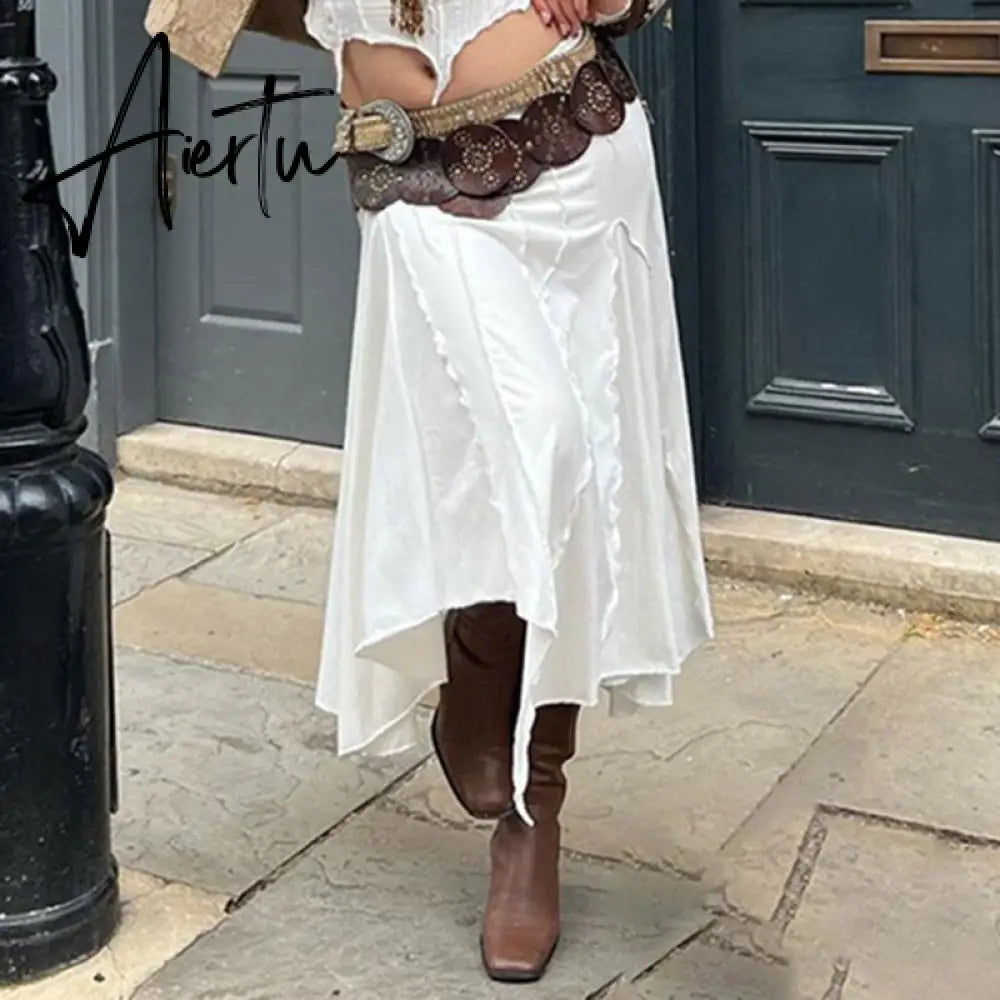 Loose Chic Irregular White Skirt Streetwear Elegant Stitched Summer Midi Skirts For Women Japanese y2k Aesthetic Outfits Aiertu