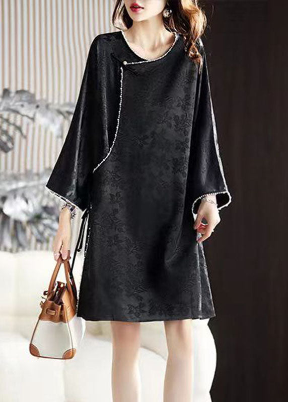 VCSHOES Black O-Neck Nail Bead Silk Mid Dress Long Sleeve
