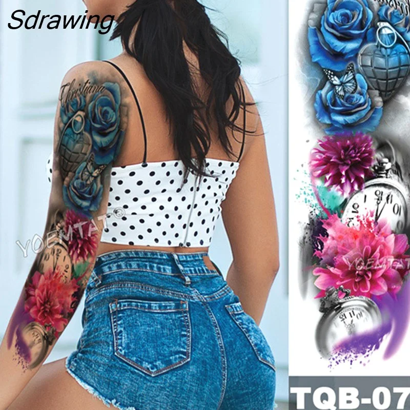 Sdrawing Arm Sleeve Tattoo Japanese Wave Waterproof Temporary Tattoo Sticker Lily Peacock Men Full Tiger Fox Tatoo Body Art Women