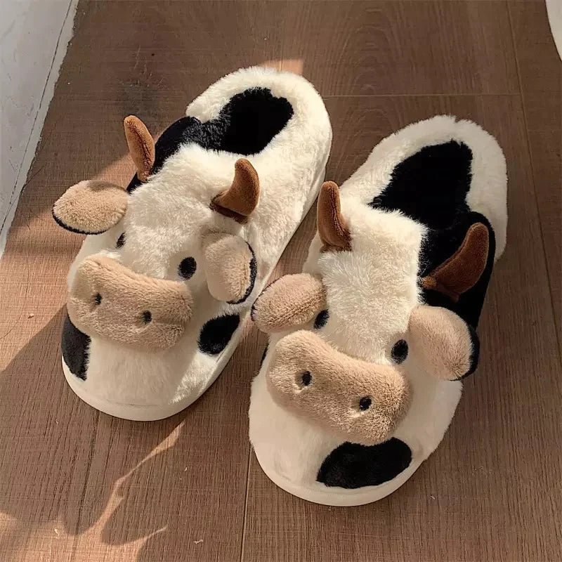 Cow Slides, Cartoon Fuzzy Cotton Cute Cozy Cow Prin Fluffy Slippers For Indoor Outdoor
