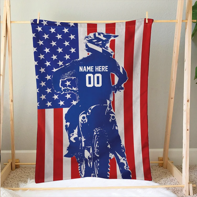 Personalized Motocross Blanket, Dirt Bike US Flag Soft Cozy Blankets | BKKid417