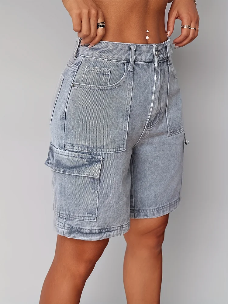 Women's Lightweight Denim-Style Shorts - Non-Stretchy Button Closure, Machine Washable Everyday Casual Shorts For Women, Perfect For Outings, Office & Parties - Summer Essentials, Cute Shorts, Party Outfit, Relaxed Fit, Structured Design, Adult