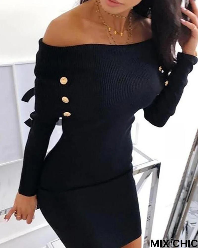 Off Shoulder Faux Button Bodycon Dress Black Dresses