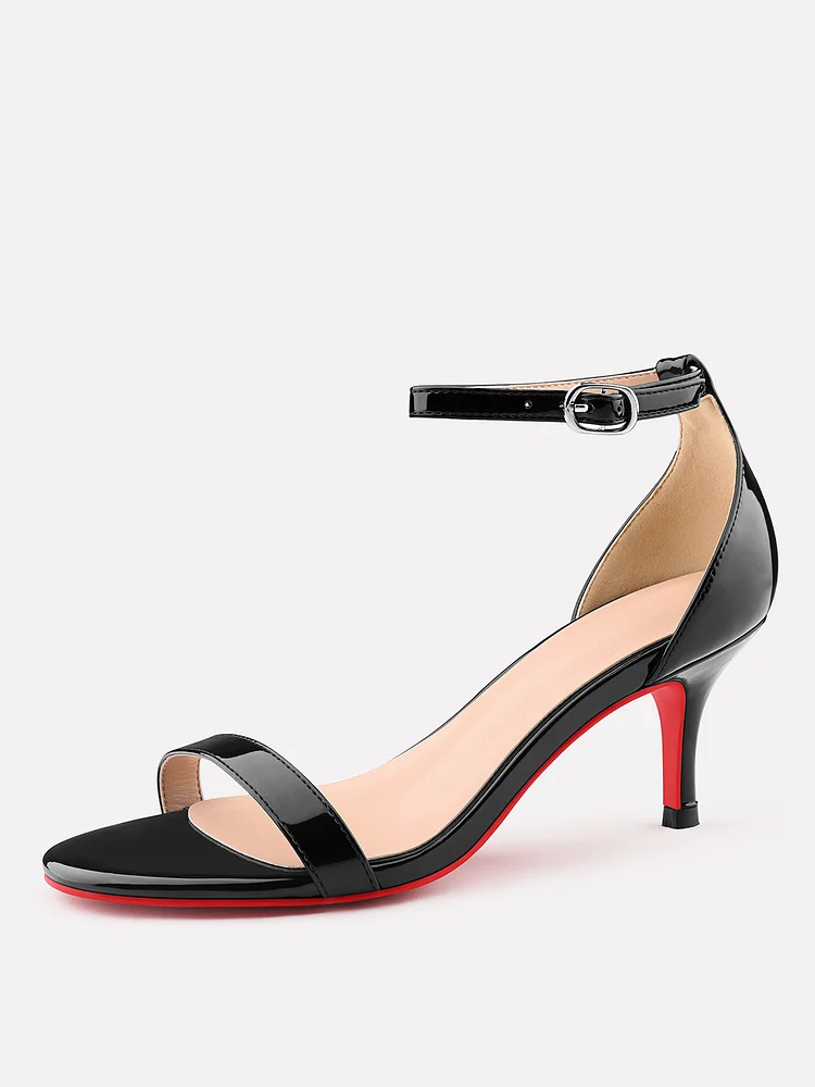 65mm Women's Round Toe Sandals Kitten Heel Red Bottom High Heels Ankle Strap Patent Leather Party Shoes