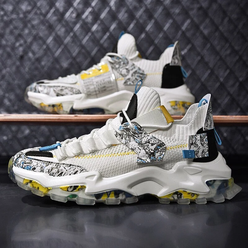 Classic Men Mesh Running Shoes Breathable Sneakers Graffiti Chunky Jogging Shoes Trendy Antiskid Damping Sports Shoes Zapatillas