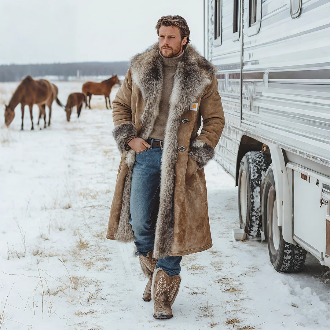 Men's Retro Fur Collar Lapel Long Coat Lambswool Lined Thick Long Coat