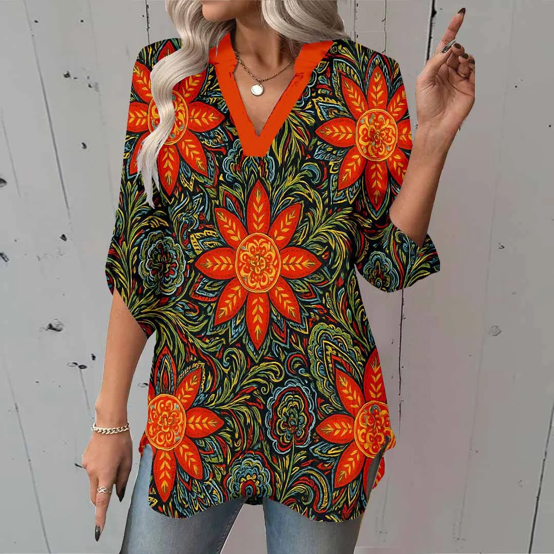 Women Retro, Orange, Black DZGA0125 3/4 Sleeve V-neck Printed Graphic Button Tops