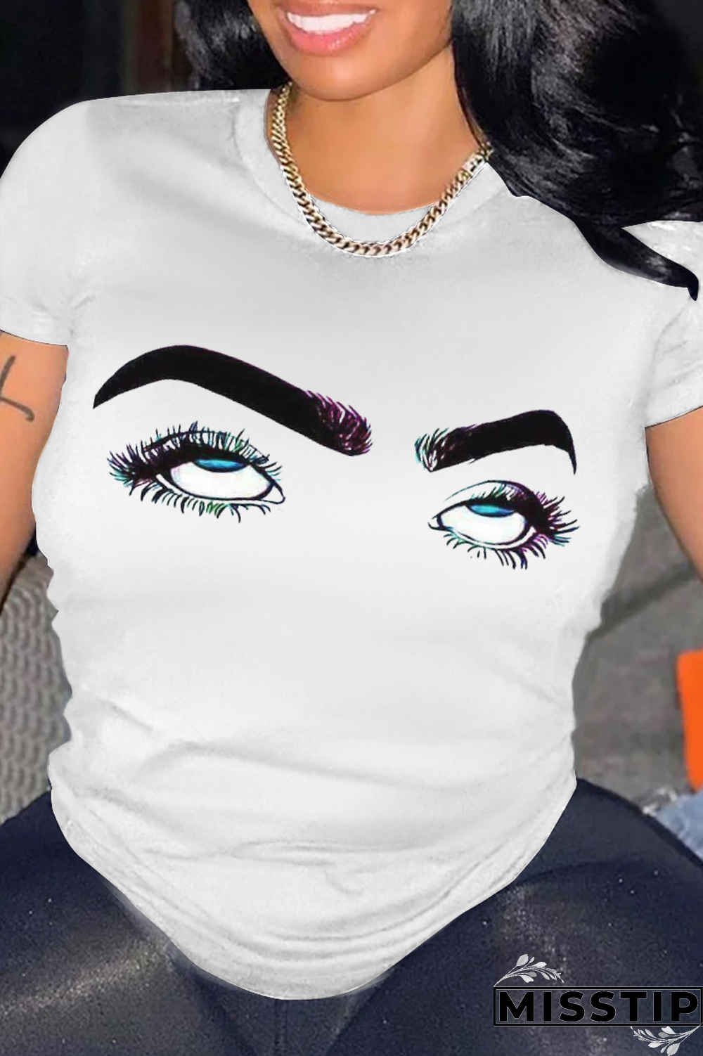 Navy Blue Street Print Patchwork O Neck T-Shirts