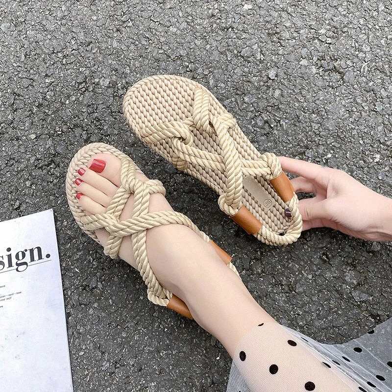 New Summer Sandals Women Shoes Plus Size 35-40 Flats Female Casual Peep Toe Shoes Hemp Slip on Elastic Leisure Shoes Women