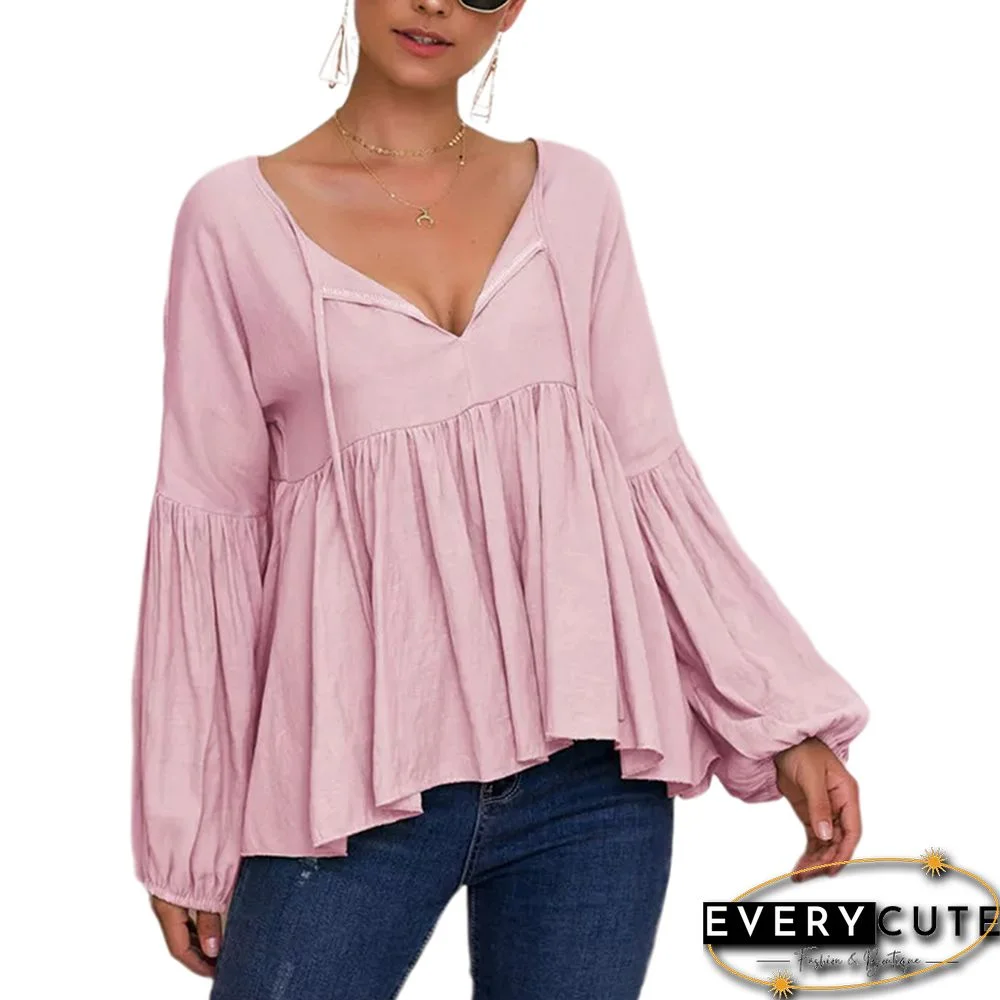 Pink V Neck Ruffled Puff Sleeve Blouse