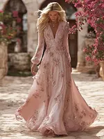 Boho Pink Roses Embroidered V Neck Flowy Maxi Dress