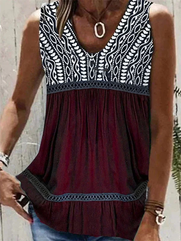 Women's Casual Printed Sleeveless O-neck Tops Blouse Vest