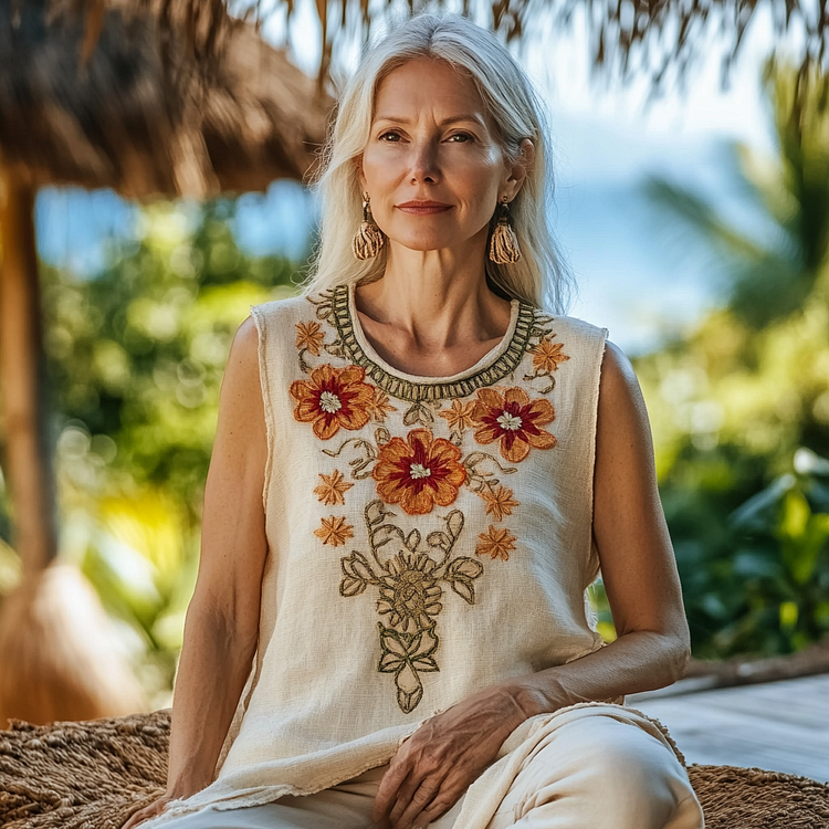 Women's Vintage Bohemian Floral Cotton And Linen Vest