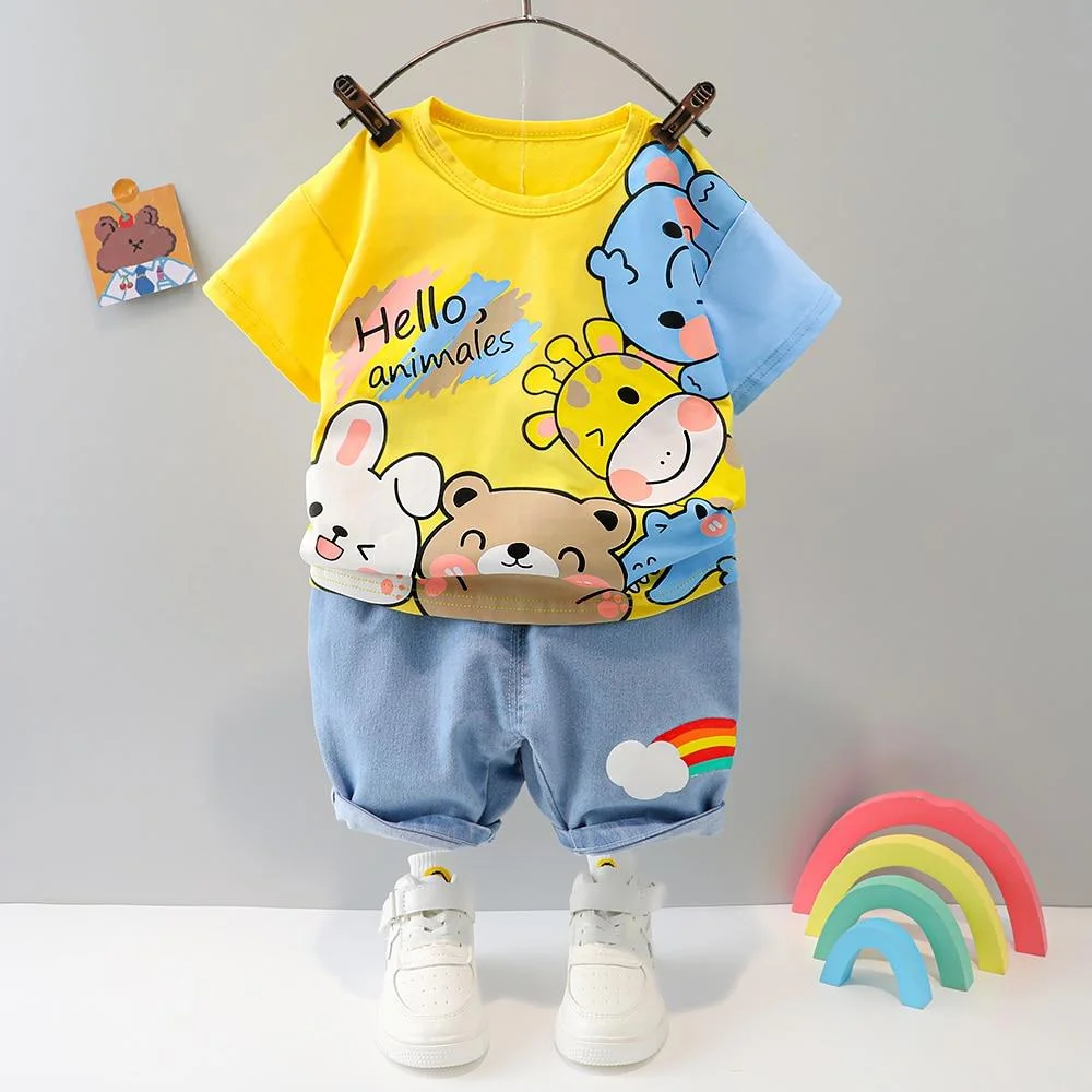 2021 Hot Clothes Sets Baby Kids Outfits Boys Summer 1 2 3 4 Years Cartoon Animal Short Cotton T-shirt Printed Clothing