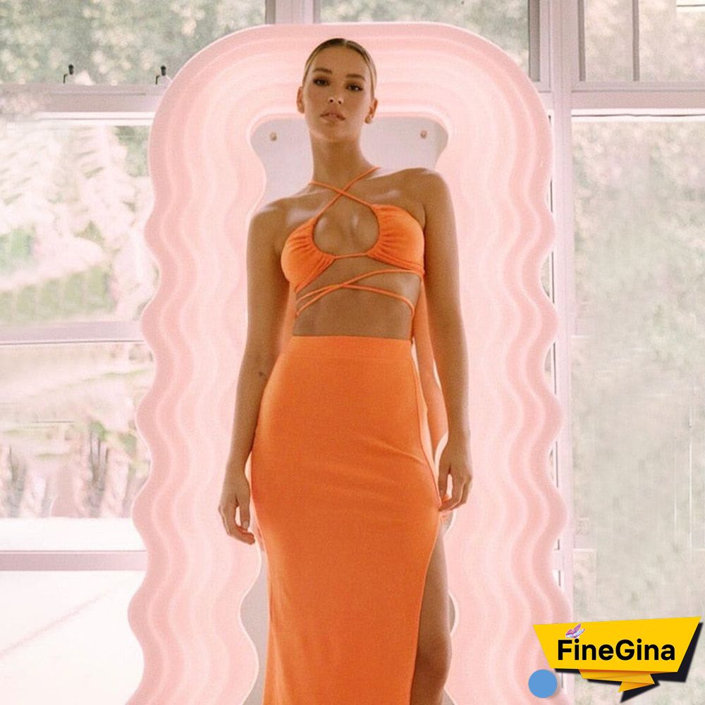 Cut Out Sexy Halter Neck Top and Skirts Set Gathered Elegant Club Summer Outfits Split Two Piece Set