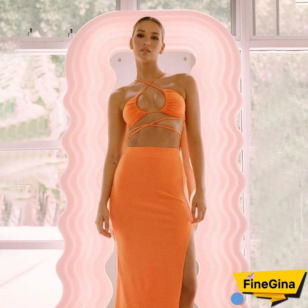 Cut Out Sexy Halter Neck Top and Skirts Set Gathered Elegant Club Summer Outfits Split Two Piece Set