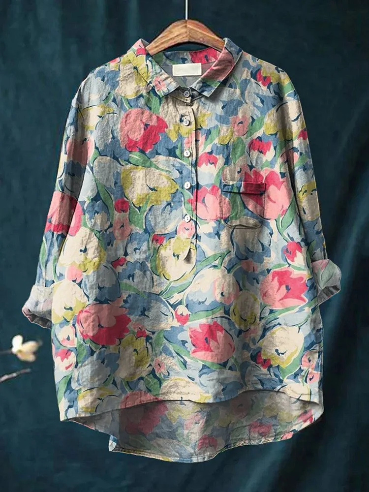 Womens Vintage Lovely Tulips Art Print Casual Cotton And Linen Shirt