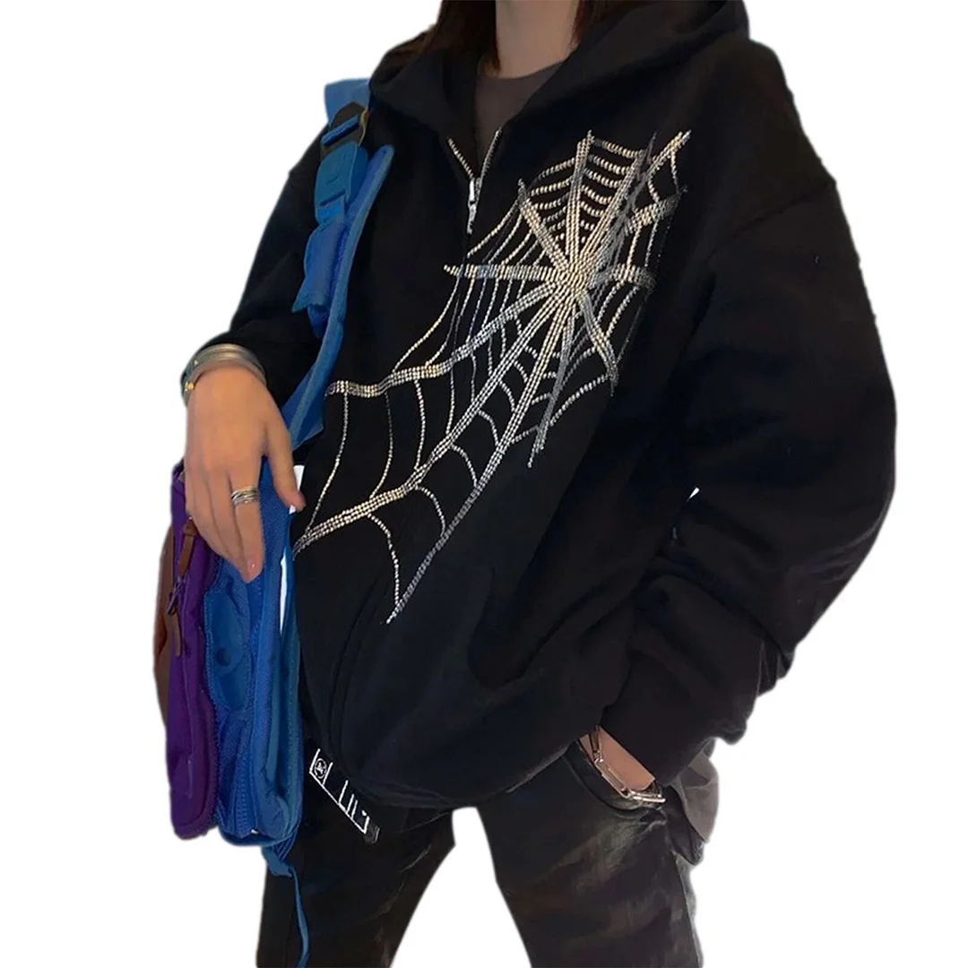 Women Gothic Hooded Sweatshirt Rhinestone Spider Web Pattern Jacket Loose Long Sleeve Zipper Pockets Coat Fashion Y2K Streetwear