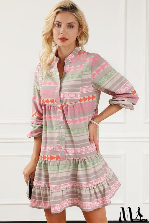 MidiSono - Tiered Notched Balloon Sleeve Buttoned Dress